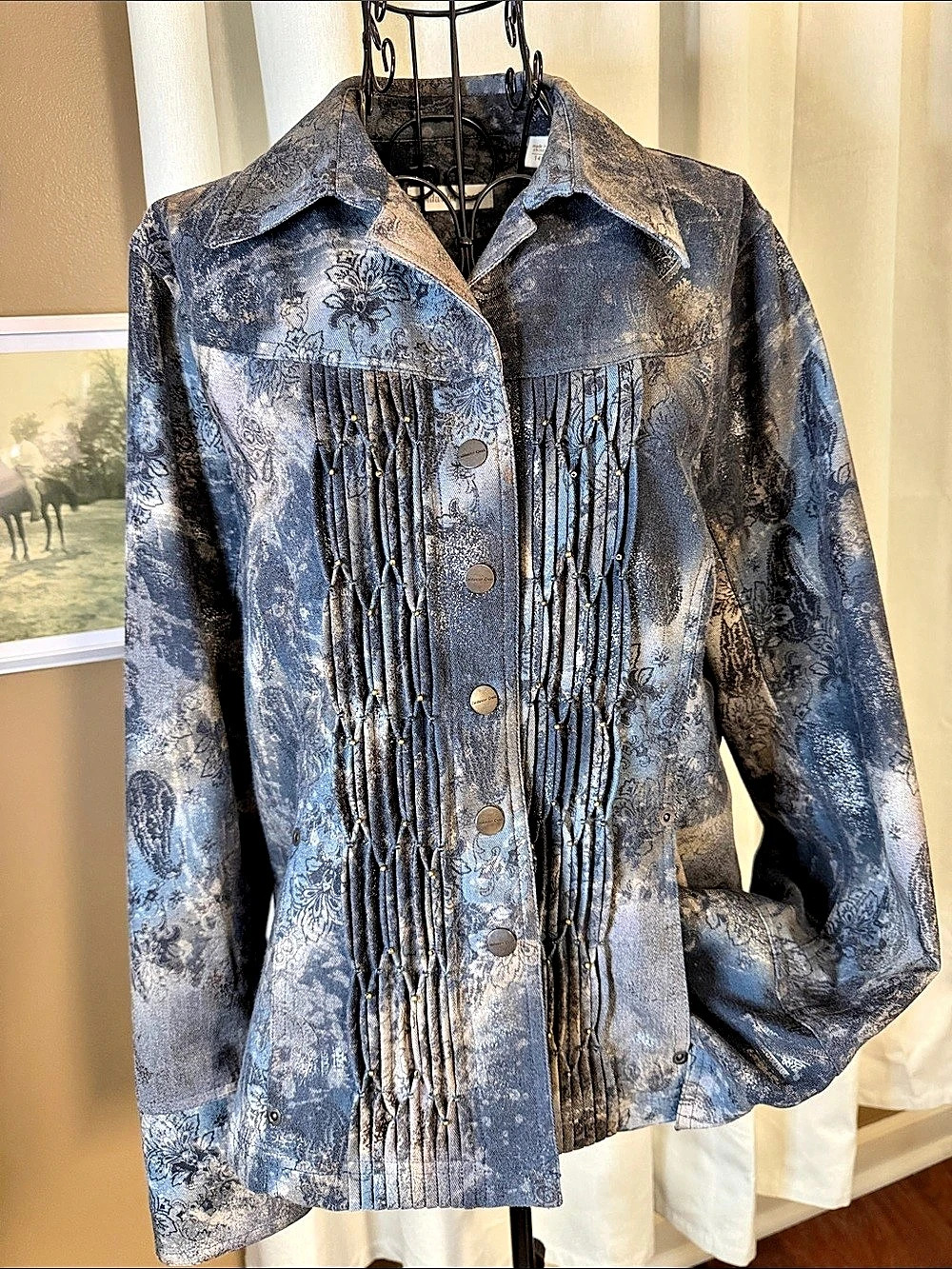 Coldwater Creek Paisley Denim Jacket Blue Gray Size 14 Like New